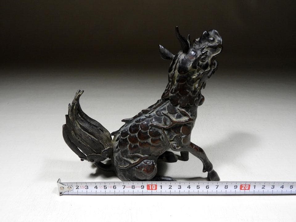 ●貴重 時代物 麒麟銅香炉 神獣 瑞獣 古銅 斑紫銅色 唐金 高さ16.5cm