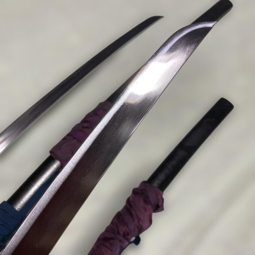 高級模造刀大小２本(刀袋付) 青柄 鶴羽透し丸鍔 黒梨地鞘