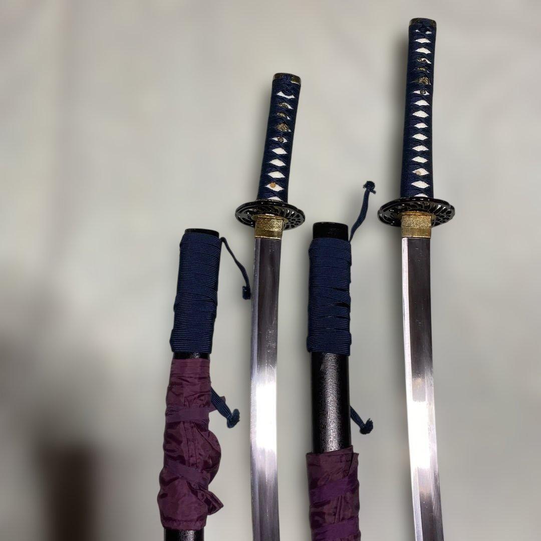 高級模造刀大小２本(刀袋付) 青柄 鶴羽透し丸鍔 黒梨地鞘