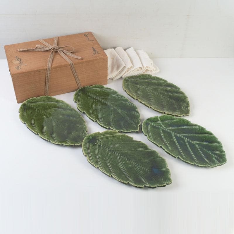 和食器　北大路魯山人作　織部焼　木の葉形　皿　五客　共箱　V　9871