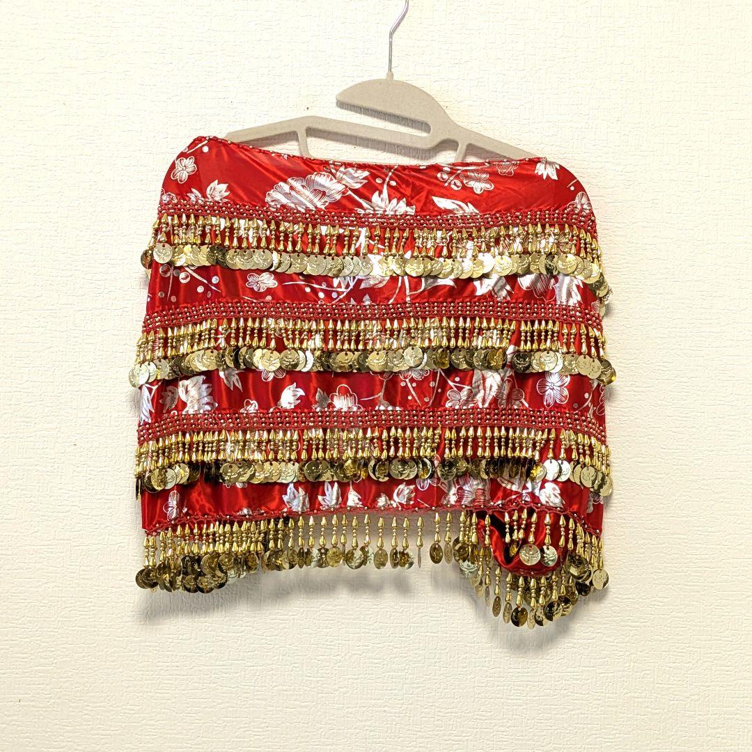 エジプト製 ベリーダンス用 柄入りショール 赤×ゴールド装飾