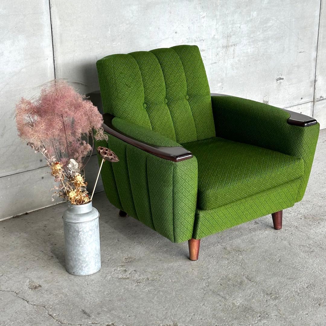 ✦70S✦ 昭和モダン 深緑ファブリック 木肘一人掛けチェア レトロ インテリア