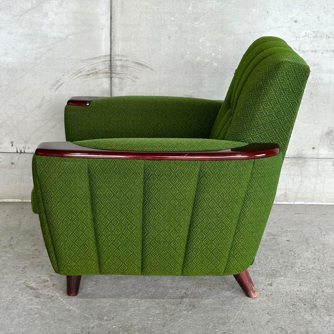 ✦70S✦ 昭和モダン 深緑ファブリック 木肘一人掛けチェア レトロ インテリア