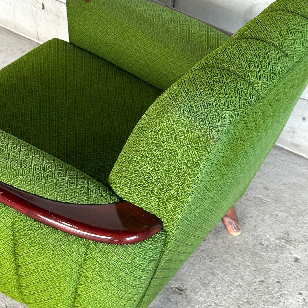 ✦70S✦ 昭和モダン 深緑ファブリック 木肘一人掛けチェア レトロ インテリア