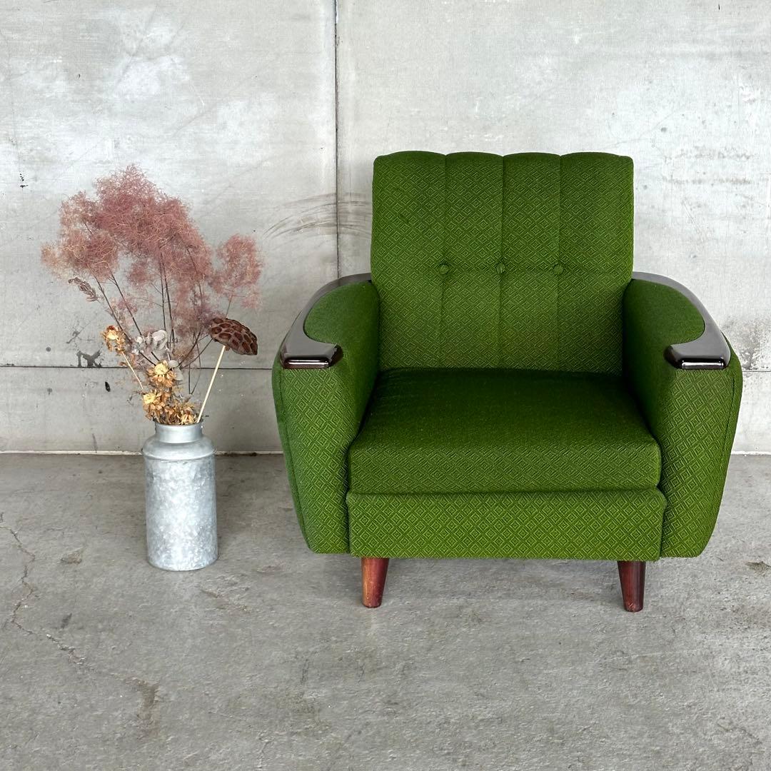 ✦70S✦ 昭和モダン 深緑ファブリック 木肘一人掛けチェア レトロ インテリア