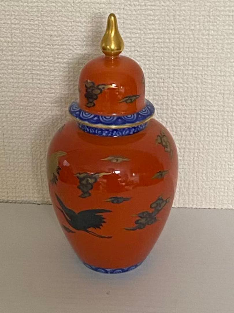 深川製磁 飾壺染錦手波鶴紋 陶器 年代物