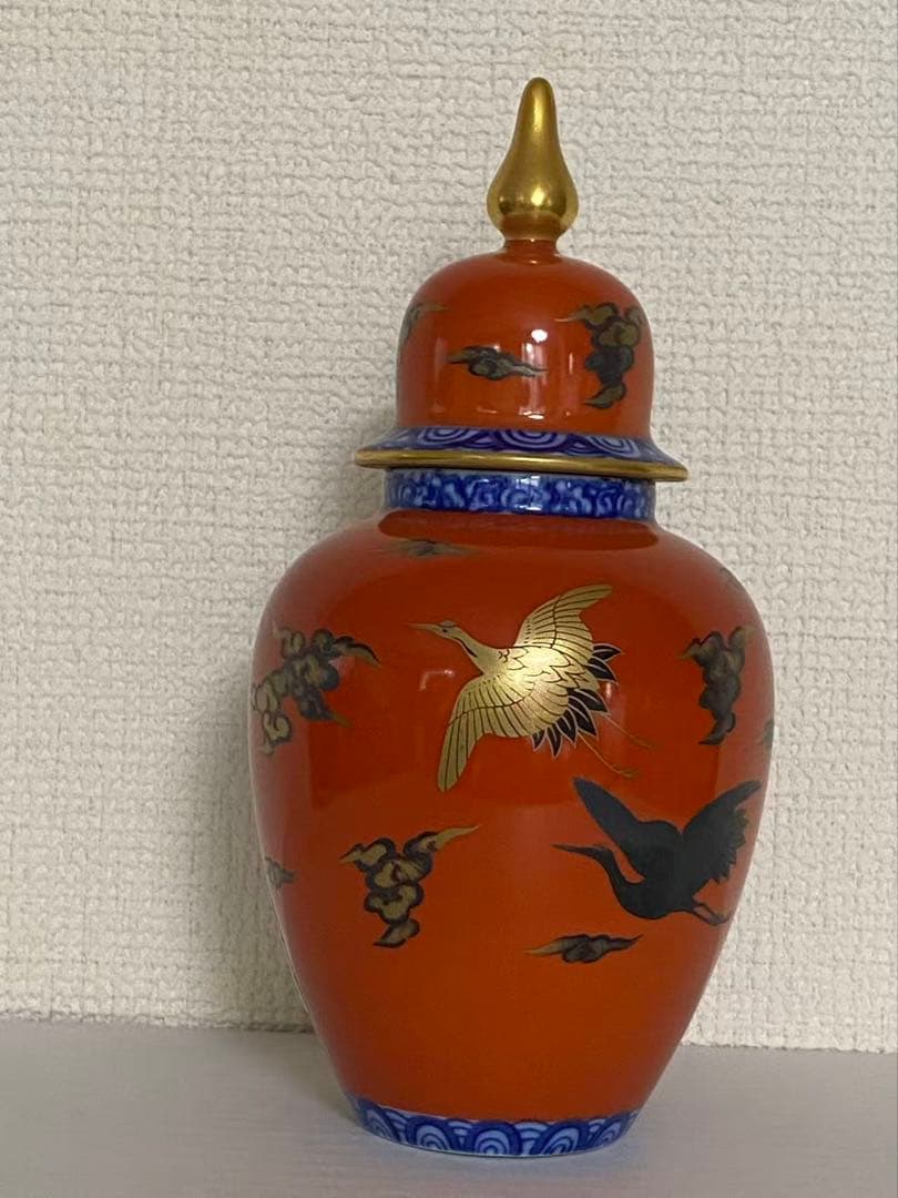 深川製磁 飾壺染錦手波鶴紋 陶器 年代物