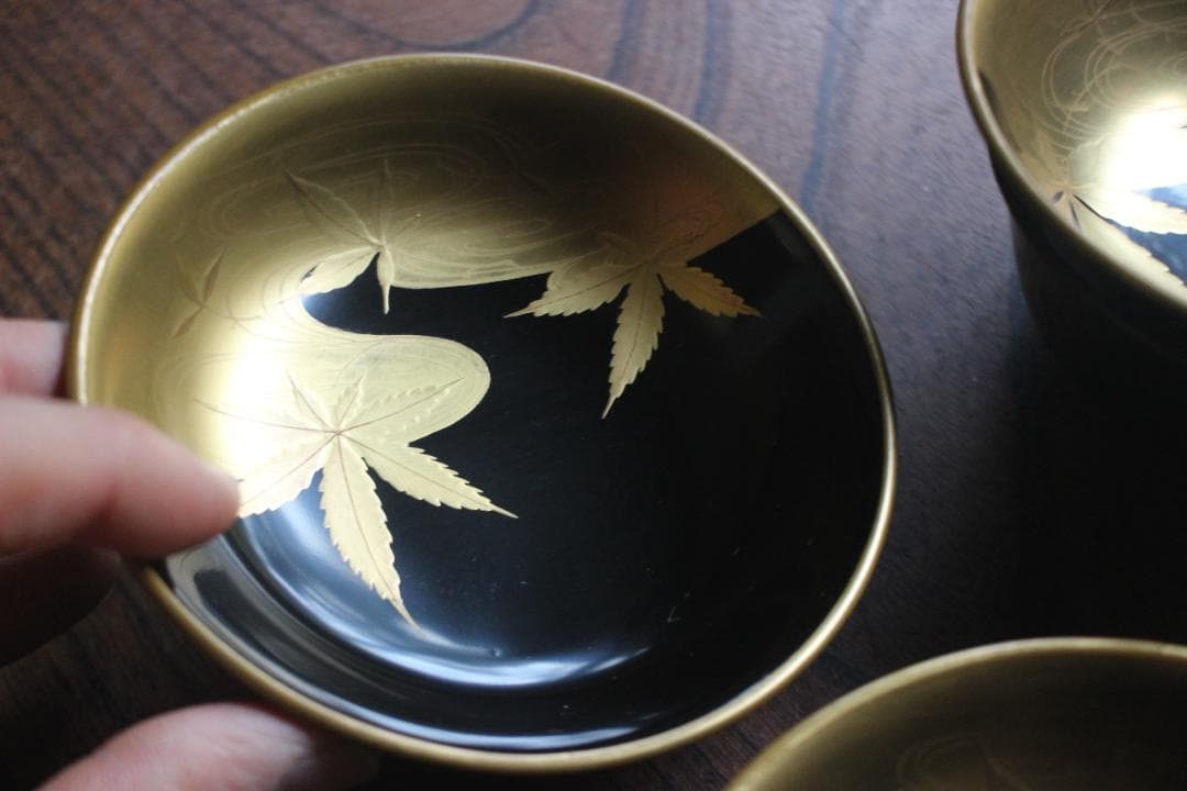 時代逸品！端正な金縁黒漆に極上竜田川蒔絵の映えるお椀2点（検京塗蒔絵椀