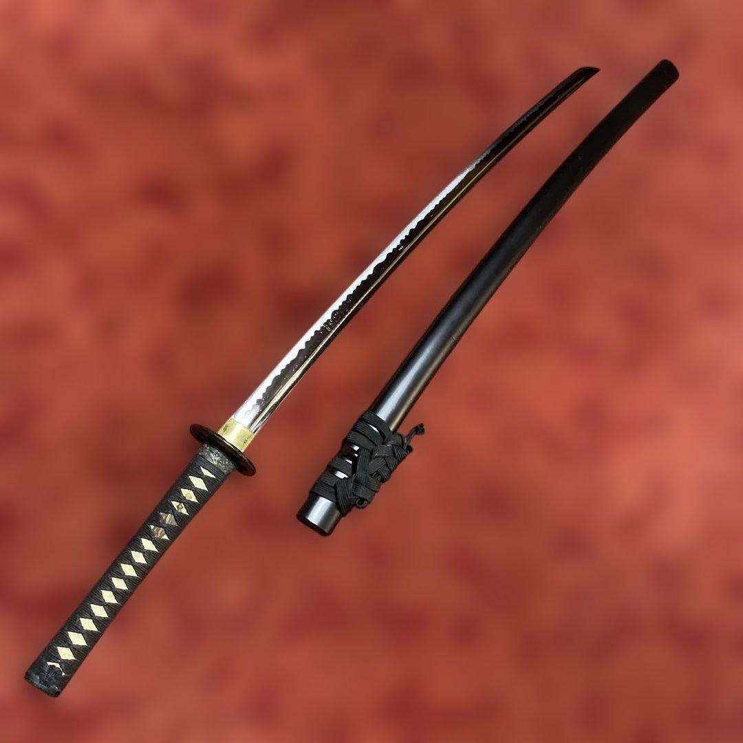 高級居合刀 黒柄 蓮根輪切透し丸鍔 黒呂鞘