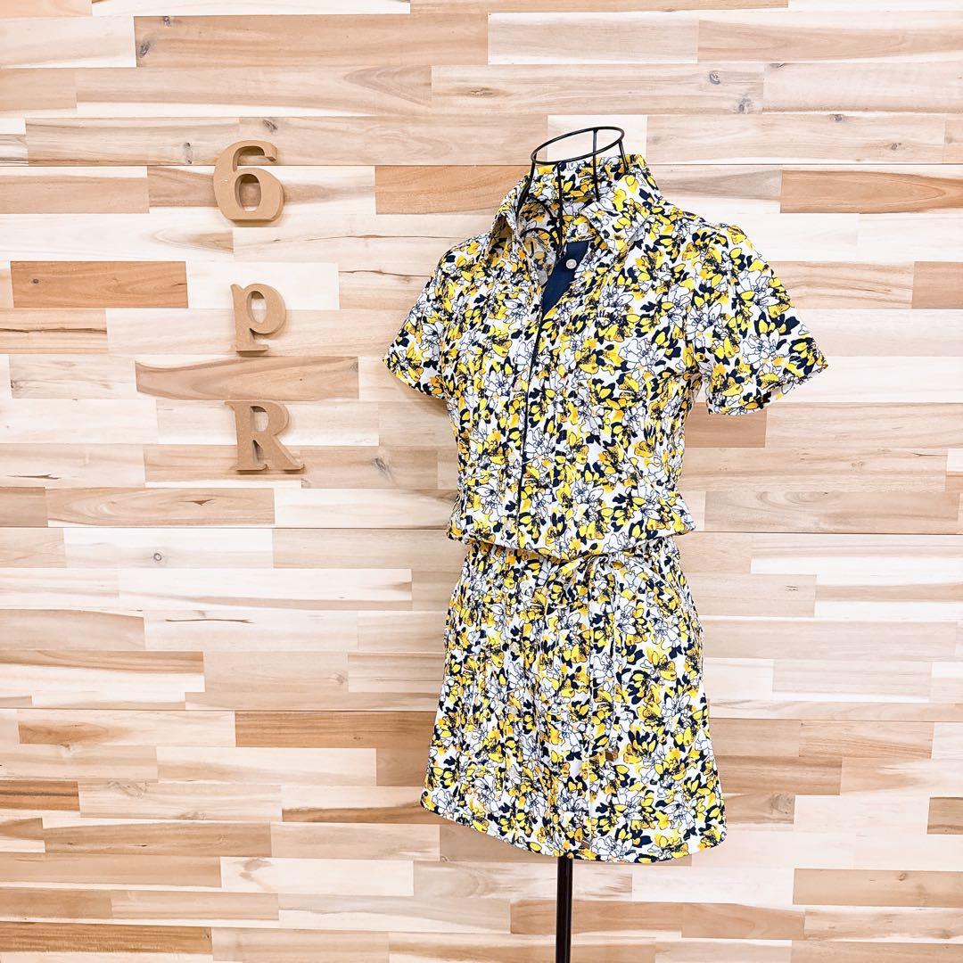 美品【キャロウェイ】花柄 半袖ポロシャツ ワンピース 総柄 ゴルフ S 黄×白