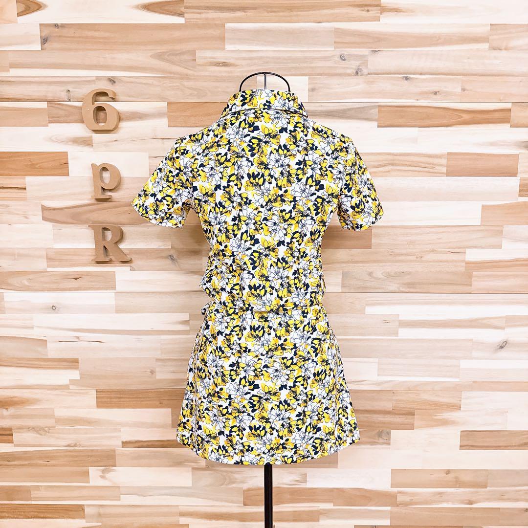 美品【キャロウェイ】花柄 半袖ポロシャツ ワンピース 総柄 ゴルフ S 黄×白