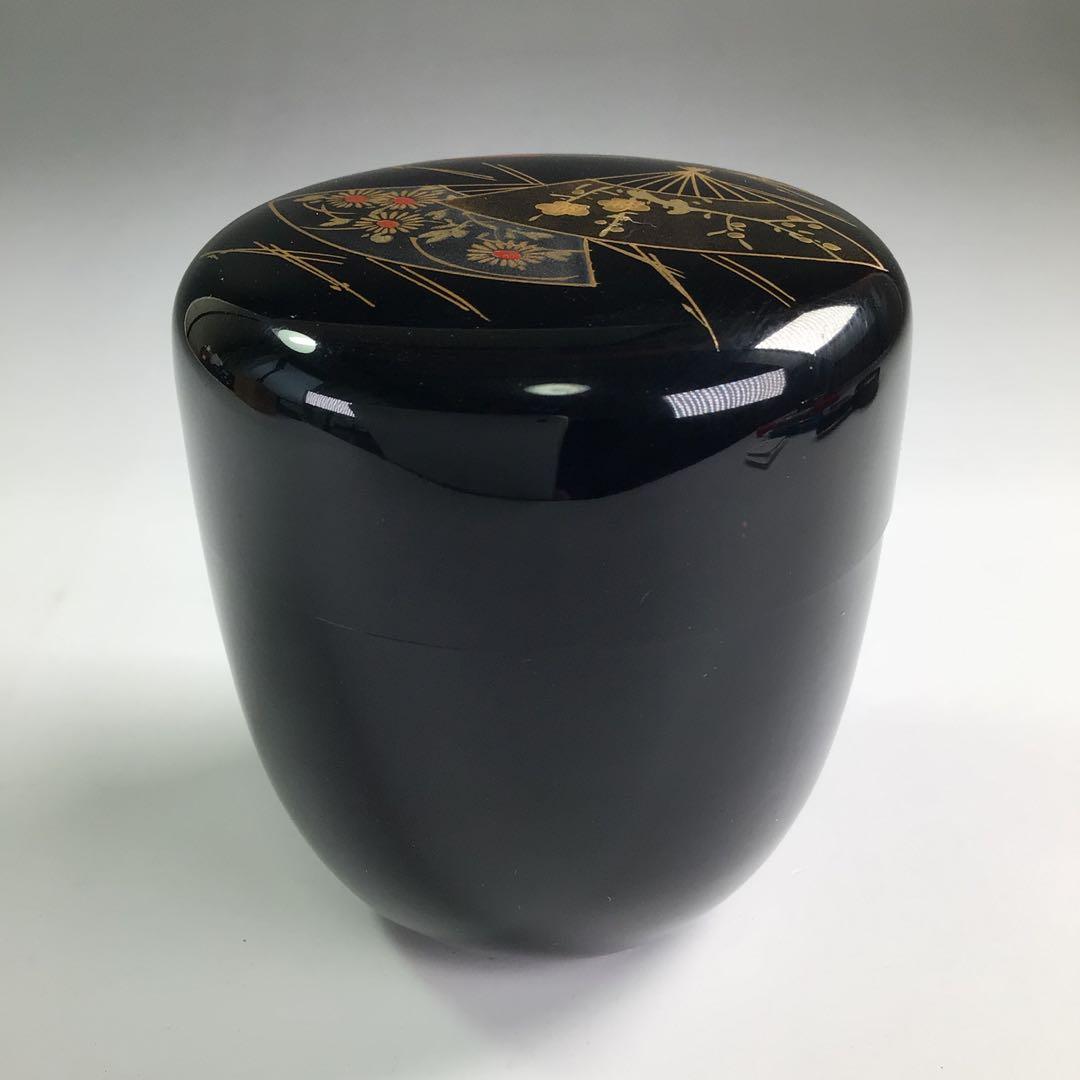 Ｐ８０６　棗　『荒井喜峰作』『黒漆塗』『扇面蒔絵』『利休棗』　共箱　茶道具