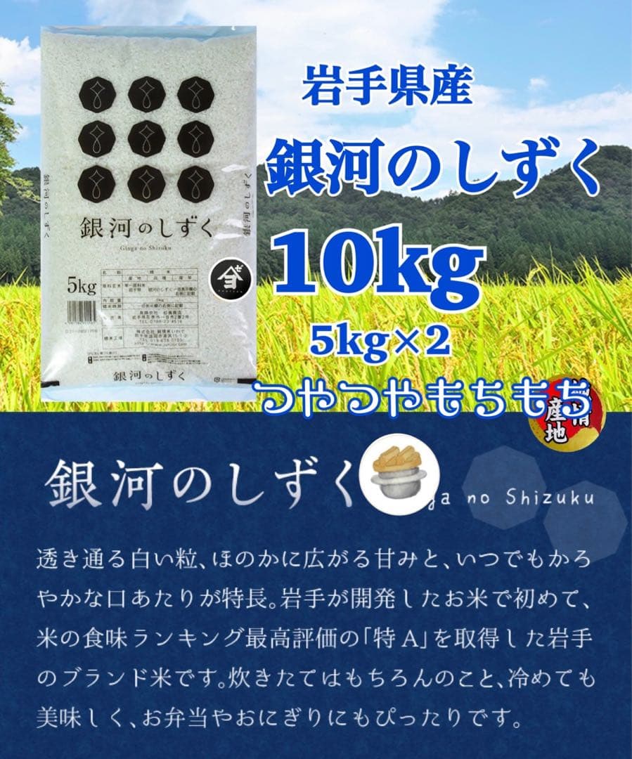 米　白米【岩手県産銀河のしずく10kg】 (5kg×2) 7年連続特A評価！