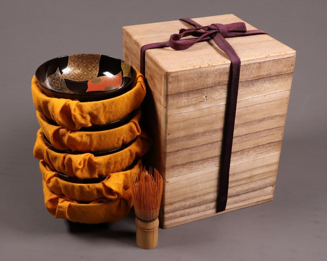 天然木漆塗 小紋伝統柄 蒔絵椀 五客 木箱入 黒塗 木製漆器 汁椀【CL65】