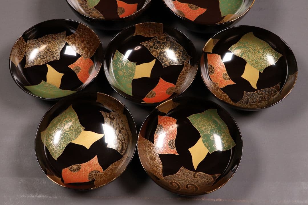 天然木漆塗 小紋伝統柄 蒔絵椀 五客 木箱入 黒塗 木製漆器 汁椀【CL65】