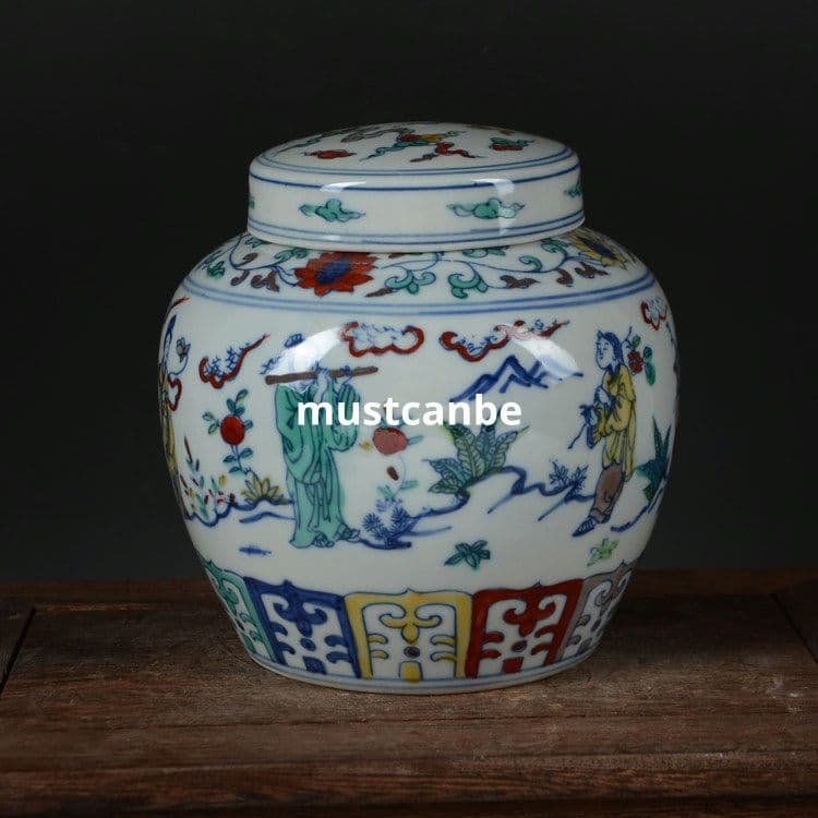 斗彩八仙天字缶 茶筒 景徳鎮 陶磁器 装飾品 現代工芸品 美術品 置物