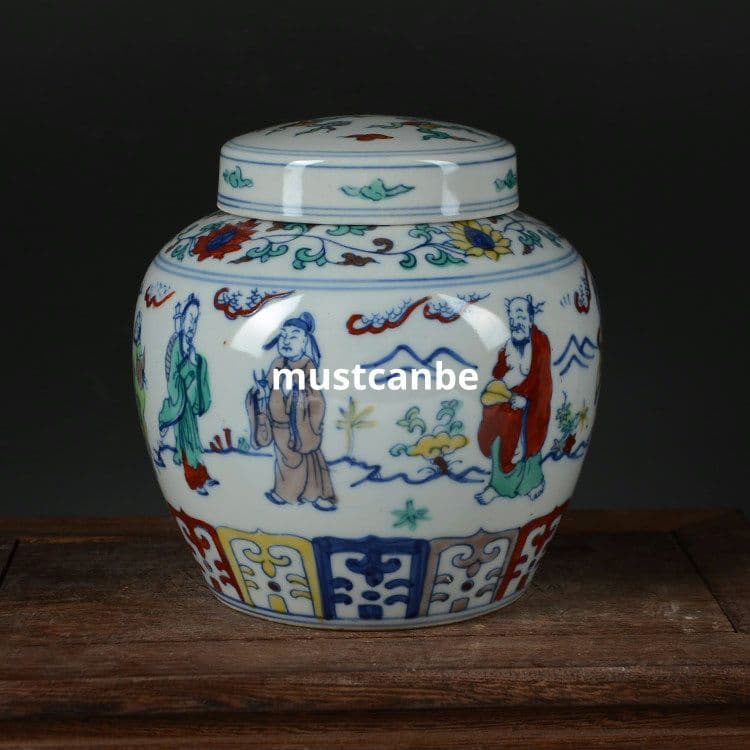 斗彩八仙天字缶 茶筒 景徳鎮 陶磁器 装飾品 現代工芸品 美術品 置物