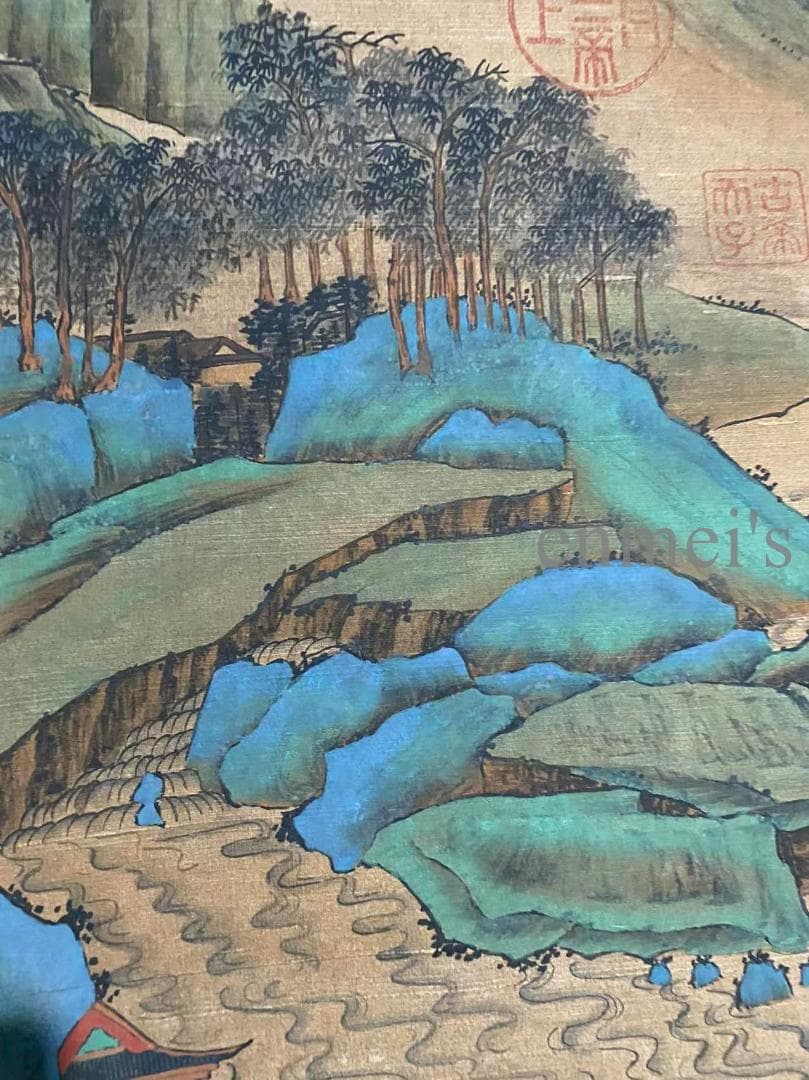 中国古美術 明代 謝時臣款 山水画 掛軸 手描き 絹布 唐物 書画 国画 在銘