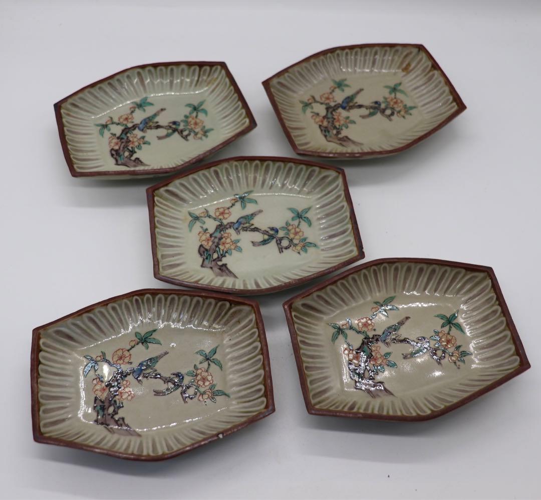 江戸　九谷焼菱型小皿5点　花鳥紋　送料込み0211