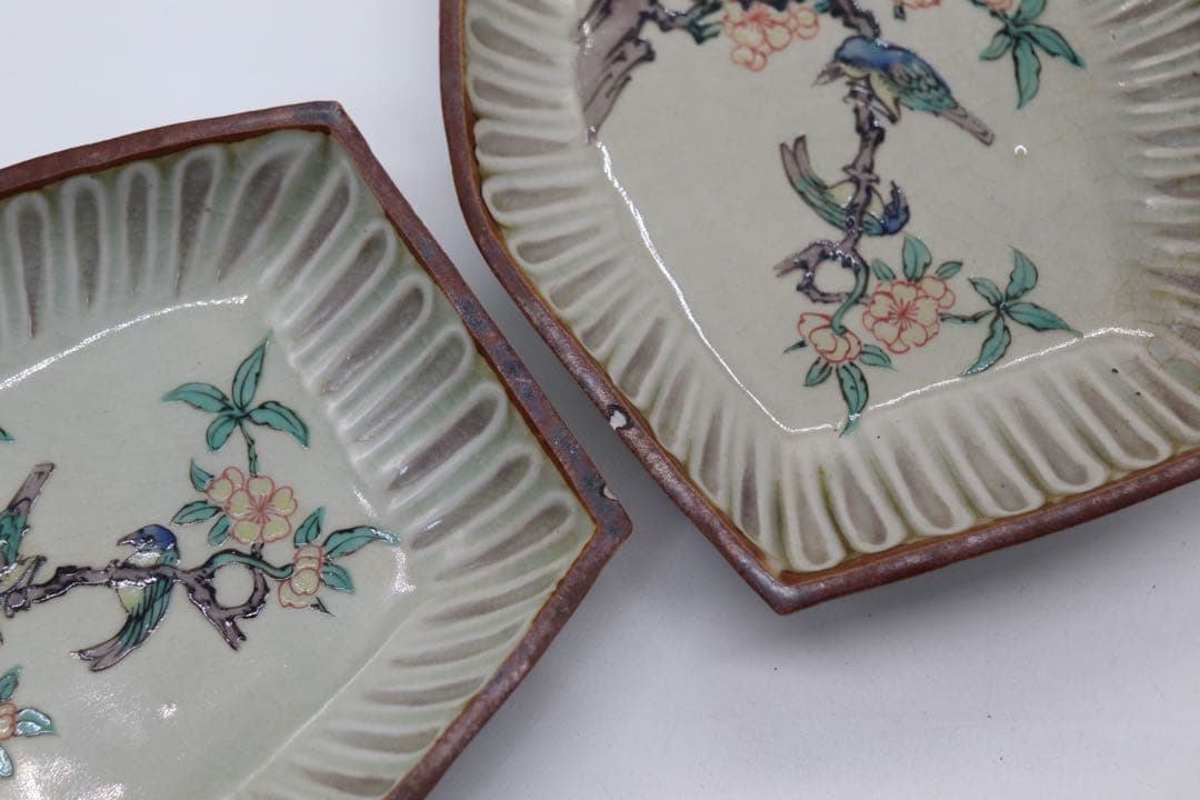 江戸　九谷焼菱型小皿5点　花鳥紋　送料込み0211