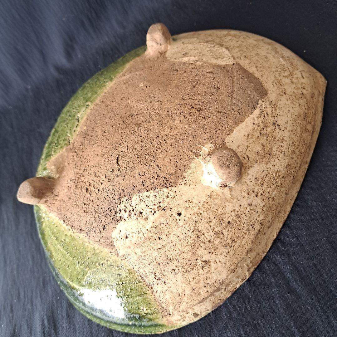 「織部(おりべ)焼 鮑(あわび)皿の用と美」緑釉皿(幅23cm) 骨董アンティー