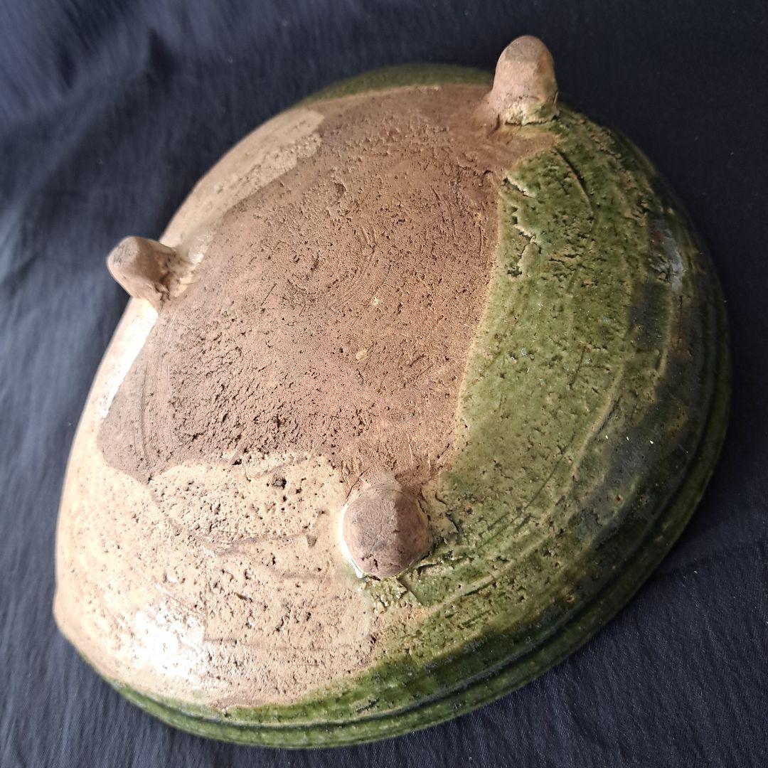 「織部(おりべ)焼 鮑(あわび)皿の用と美」緑釉皿(幅23cm) 骨董アンティー
