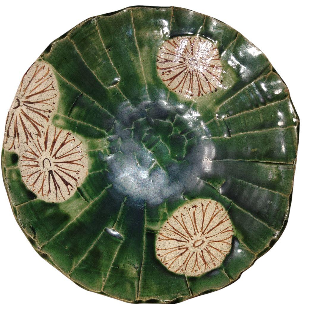 織部釉　喜楽?　菊花菓子皿