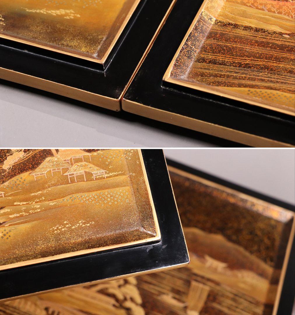 MA322 時代木製漆器 総蒔絵総梨地 花七宝 花の丸蒔絵 五段重 山水 二枚蓋