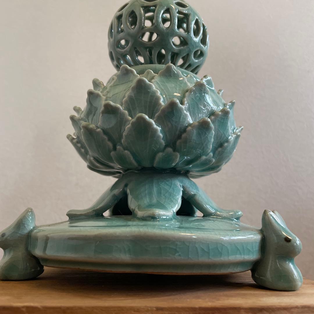 海青造 青磁蓮香炉 透し火屋七宝文 三兎台 ★時代物★