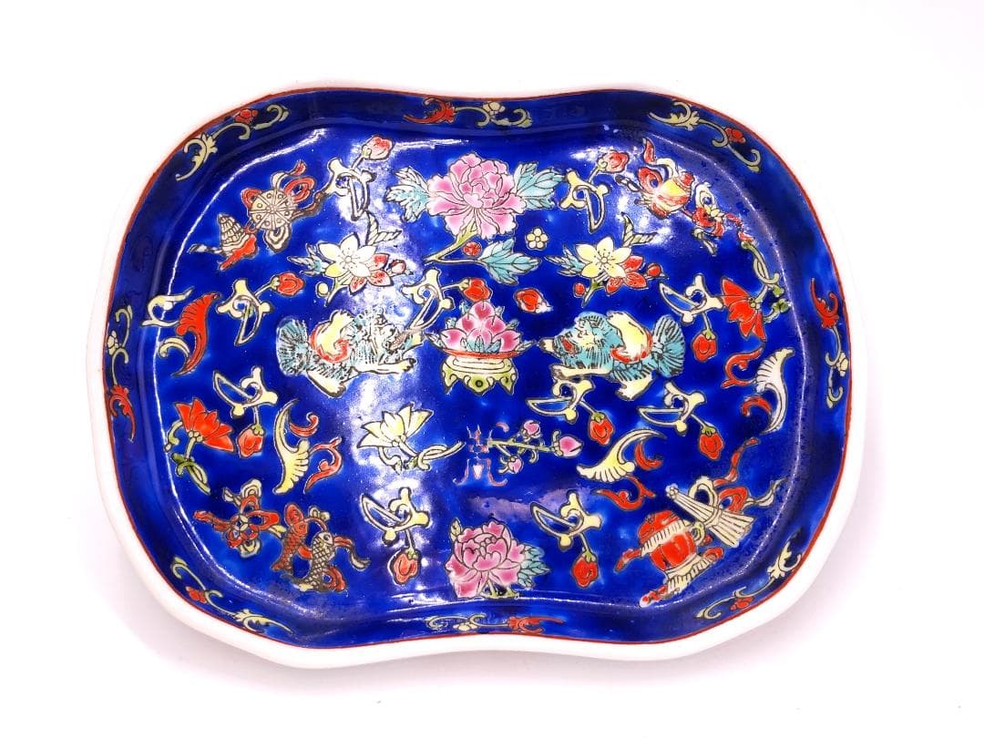 【 乾隆年款ティーポット/トレー 】　五彩獅子唐草花文　蔵出し骨董