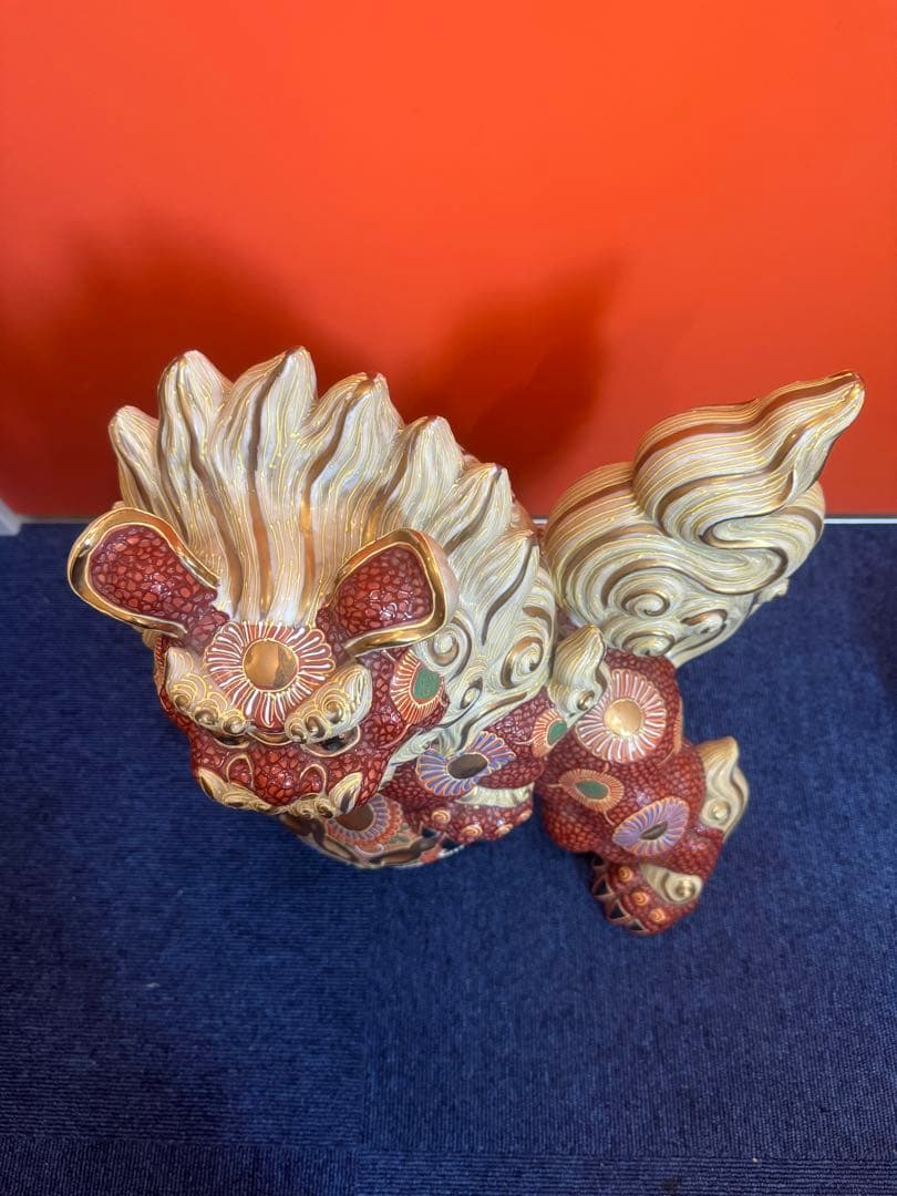 1903 九谷焼 太吉　特大　38cm  玉乗り獅子 狛犬 置物 縁起物
