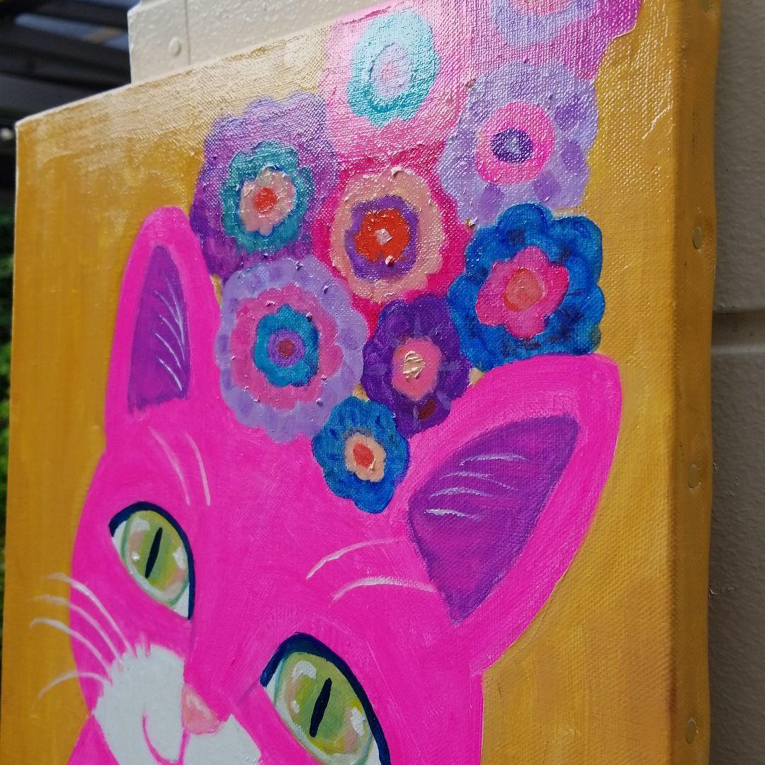 油絵　マミ　幸せを呼ぶピンク色の猫