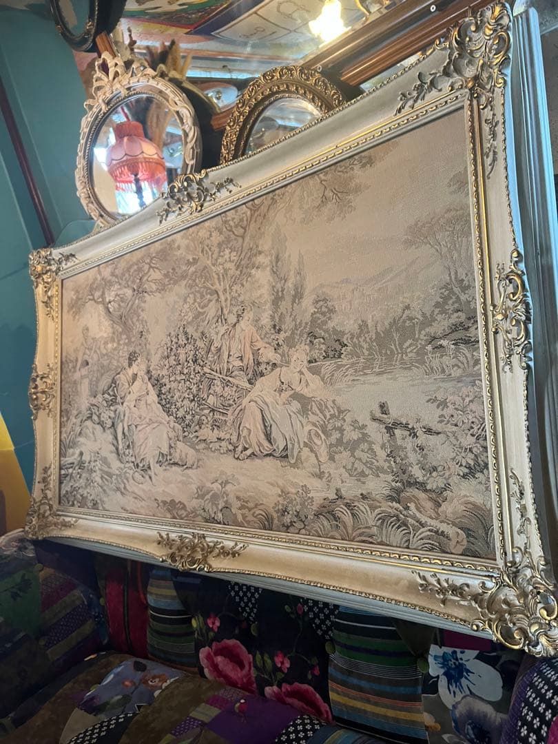 最大級フランス製 額装 金彩装飾縁 大判 ゴブラン織り 壁掛け