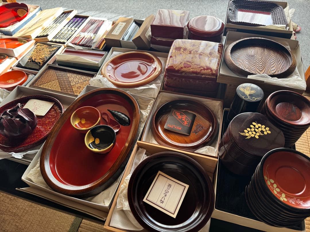 ラ*ん様 漆器 輪島塗・鎌倉彫等 お盆 重箱 茶筒 茶匙 お椀