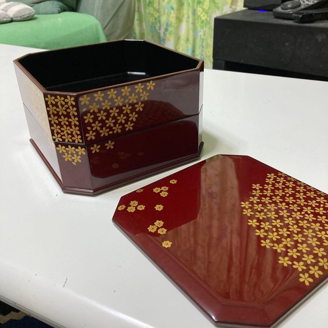 越前塗　桜　重箱　行楽弁当　朱色　二重　名品　昭和レトロ　漆器