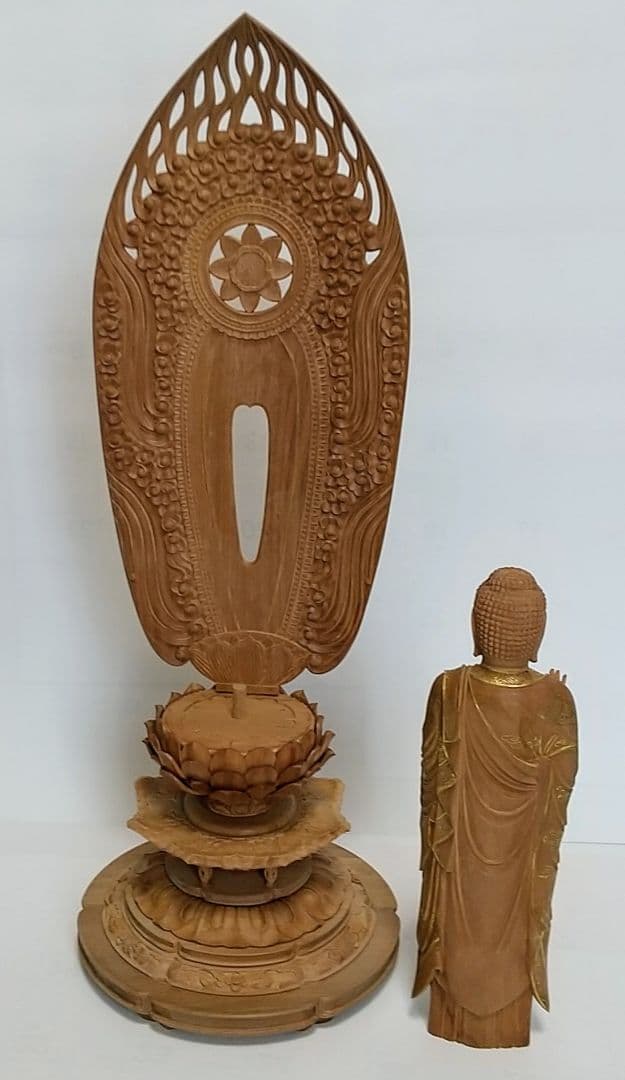 阿弥陀如来立像 6寸#451 舟型来迎雲文光背◆白檀 木彫 仏像