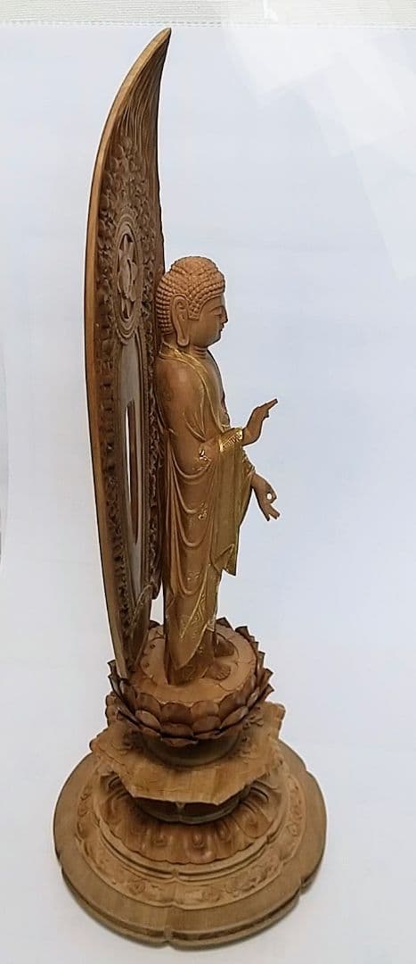 阿弥陀如来立像 6寸#451 舟型来迎雲文光背◆白檀 木彫 仏像