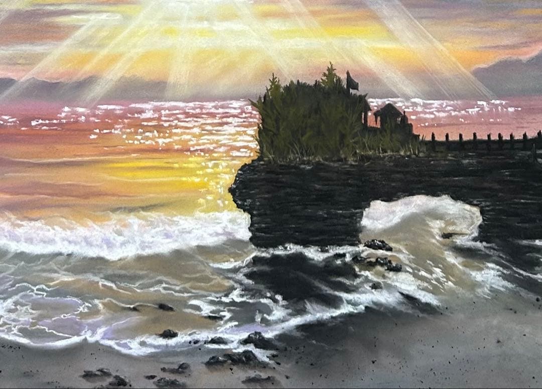 夕陽を眺める景色 パステル画 原画 54.0×39.5