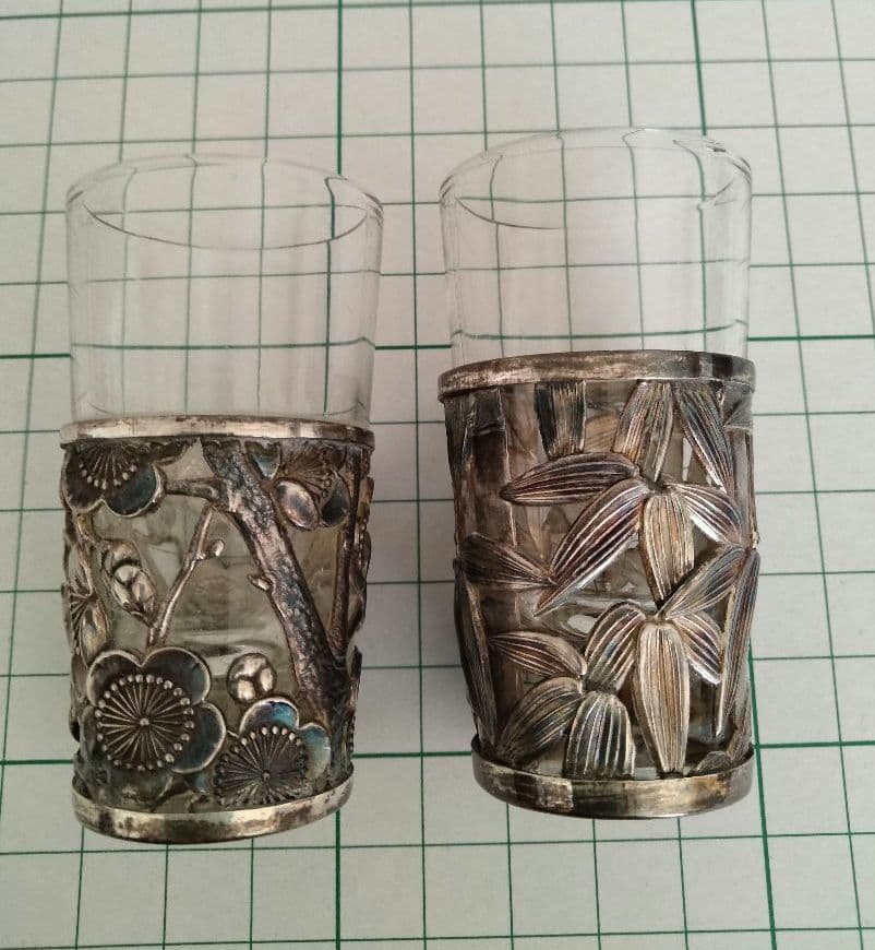 特別価格変更、匿名配送、和骨董、日本製、笹、梅、グラス二点セット