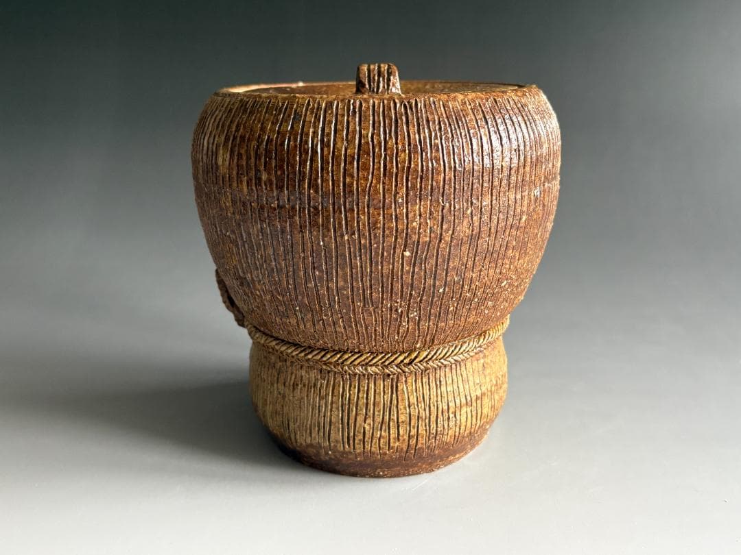 瑞穂釜　楽斎作　結び紫　箪瓢形　水指　尋牛斎書付　茶道具　表千家