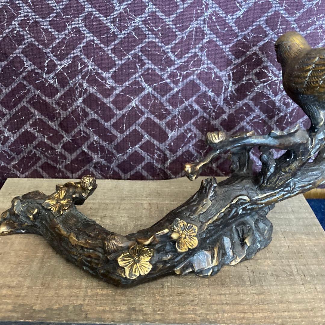 乾隆年製　銅製梅に鶯置物　木製台