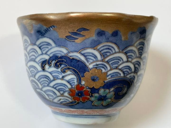 骨董　アンティーク　古伊万里　染付　金襴手　青海波　波間千鳥　桜　盃　5点