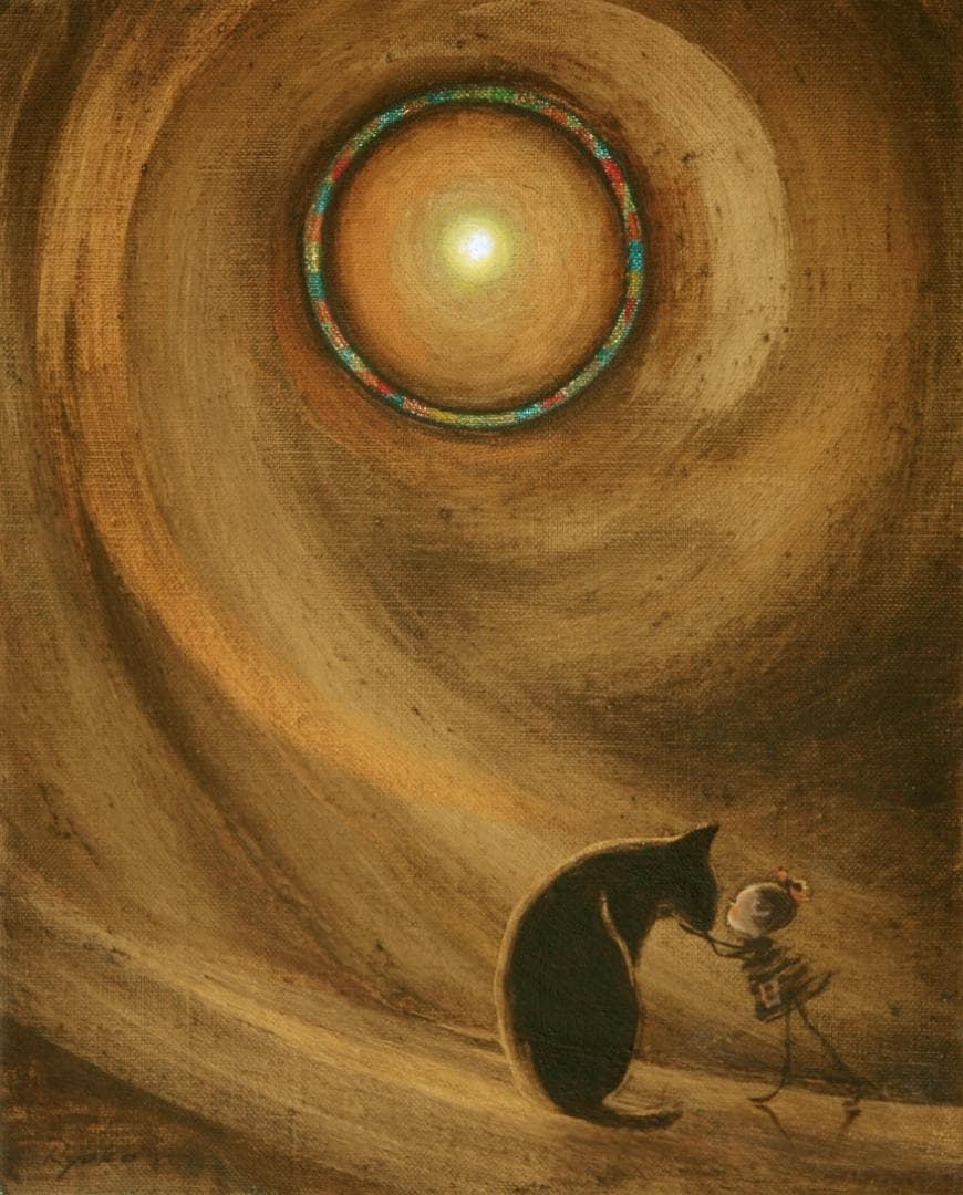 油絵 菅家令子絵 絵画インテリア額付(淡い銀青緑)F3-072819子猫犬女の子