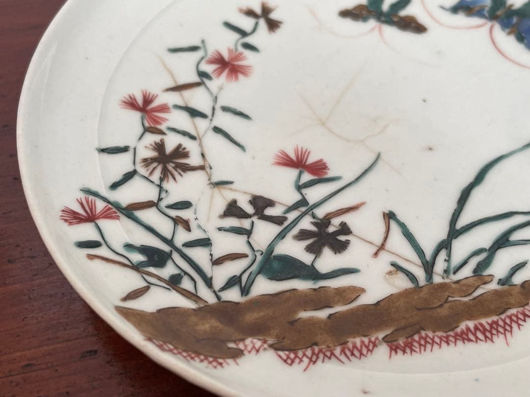 #1 骨董　アンティーク　色絵古九谷　撫子蝶々図　丸皿　五寸皿　角福　初期伊万里