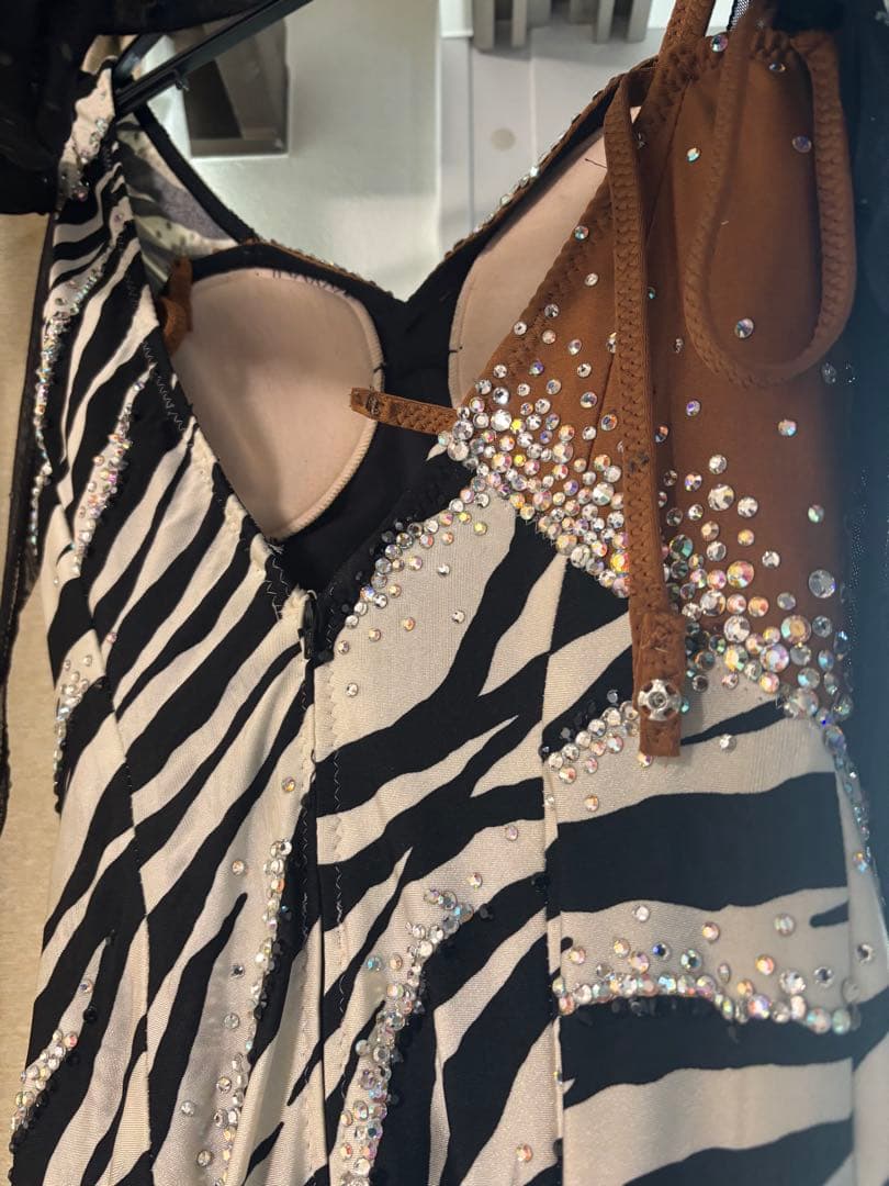 Sサイズ★黒×オフ白/ゼブラ/スワロMIX/ラテンドレス☆社交ダンス
