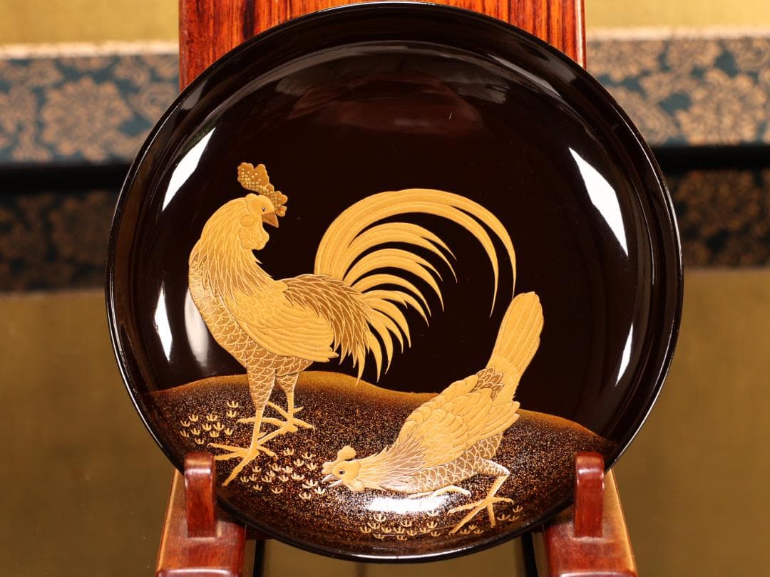 BK415　時代輪島塗　竹鶏図金蒔絵　吸物鶏　二客　木製　茶道具 懐石 会席