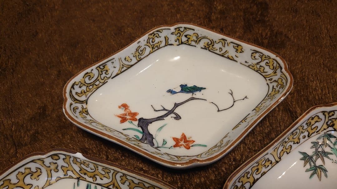 古九谷　九谷焼　色絵　菱形皿　蔵出し　３種　３客