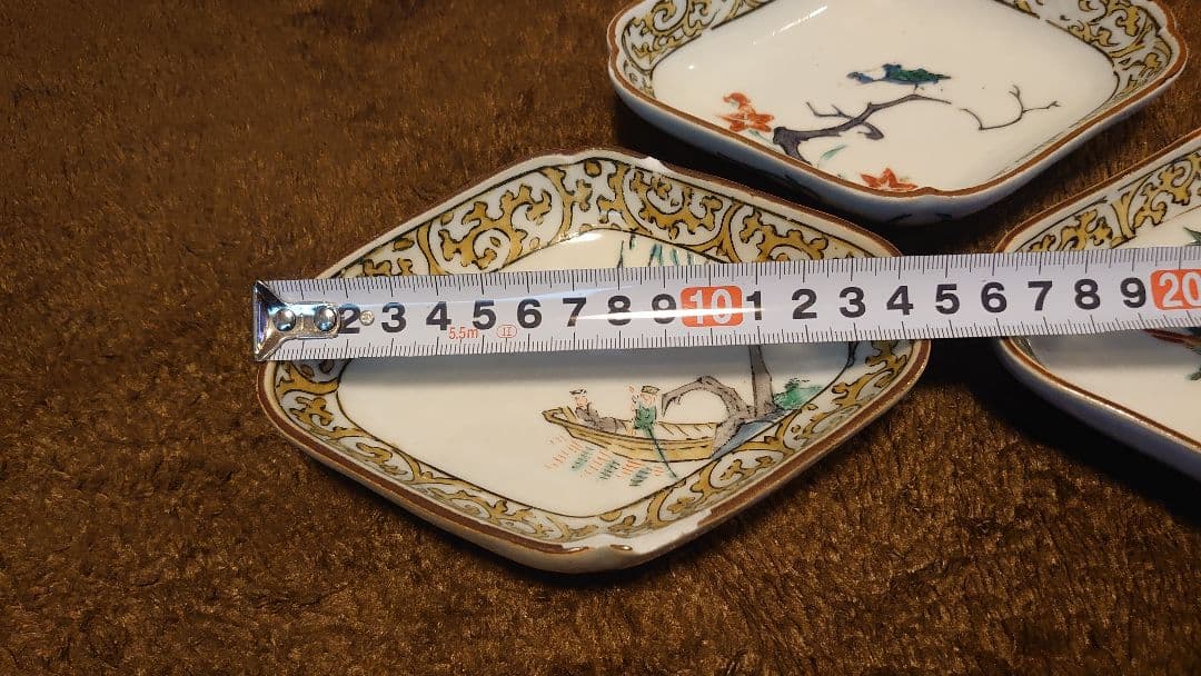 古九谷　九谷焼　色絵　菱形皿　蔵出し　３種　３客