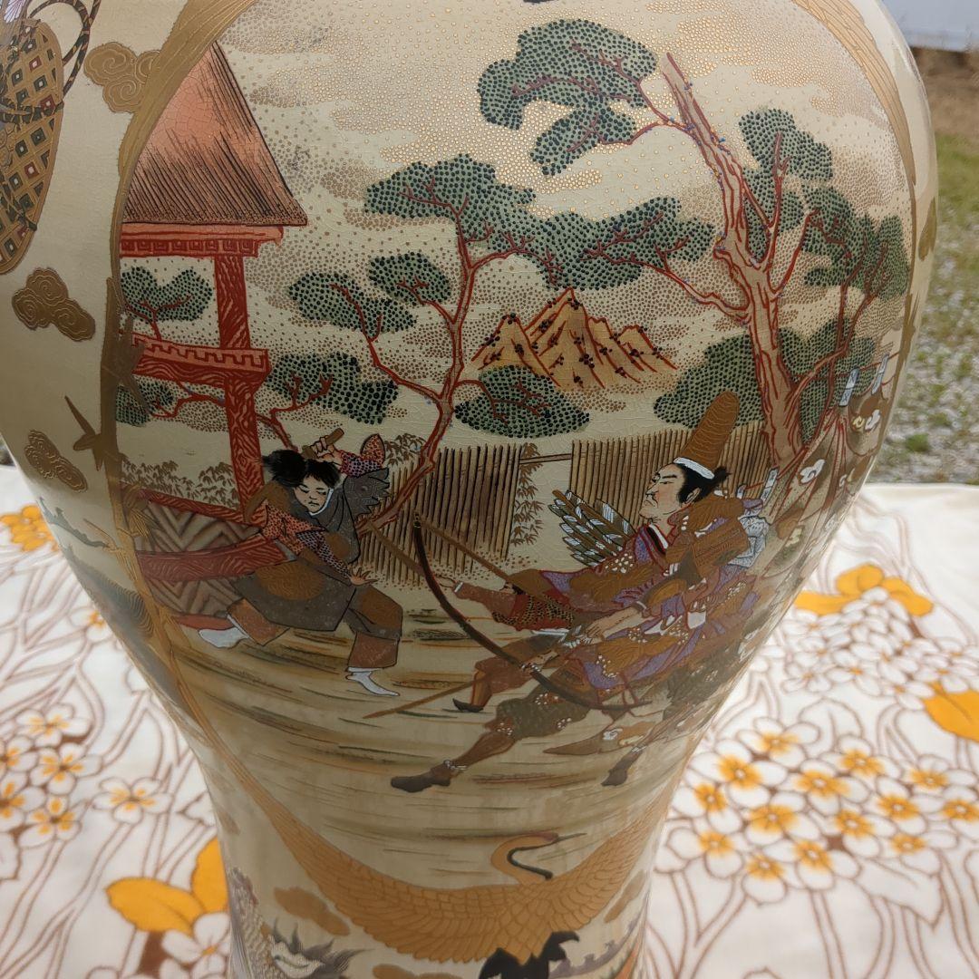 薩摩焼 大壺 花瓶 武者 鳳凰 鶴 宝尽くし 金彩 アンティーク インテリア