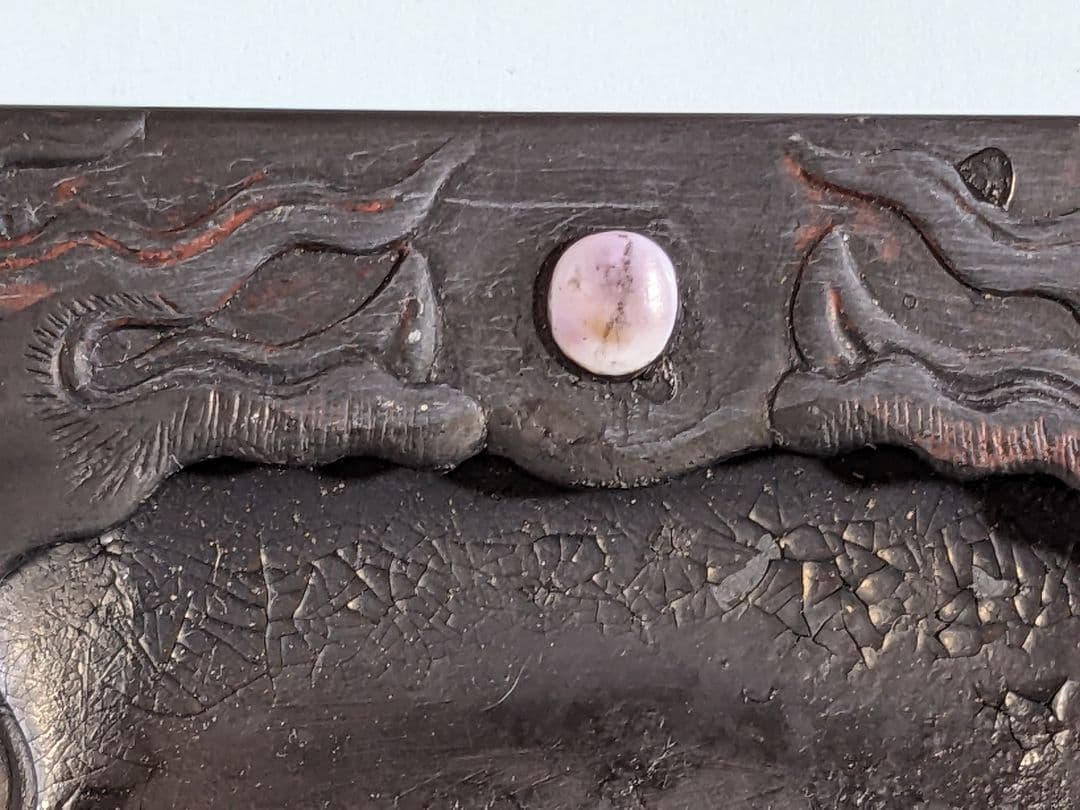 ♦中国硯 古玩 硯蓋 縞黒檀 龍文様硯 文房四宝 古美術品 アンティーク 骨董品